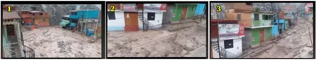  Fotogramas de la calle por donde cae el huaico en Arequipa en 2023. Foto: captura en TikTok / HB Noticias.    