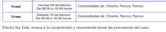 Corte de luz en Cusco, 9 y 10 de febrero