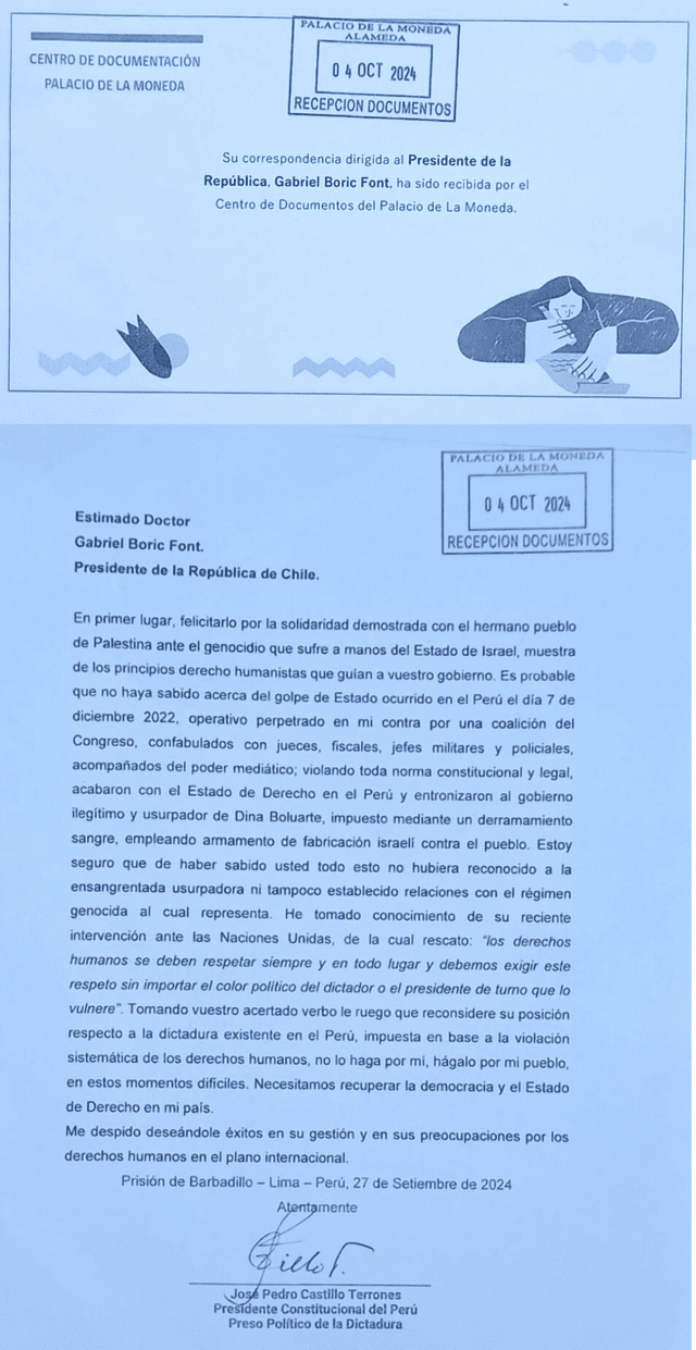 Carta de Pedro Castillo al presidente de Chile, Gabriel Boric. 