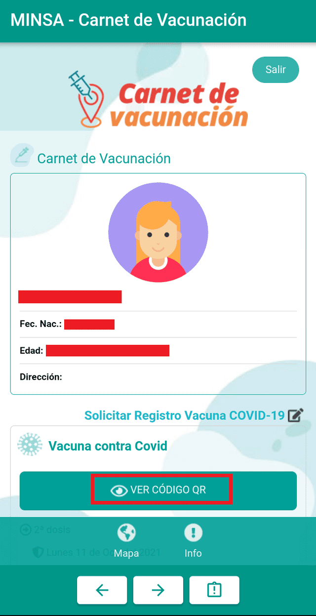En este paso, aparecerán tus datos personales y el número de dosis de la vacuna contra la COVID-19 que te aplicaste hasta el momento. Foto: captura