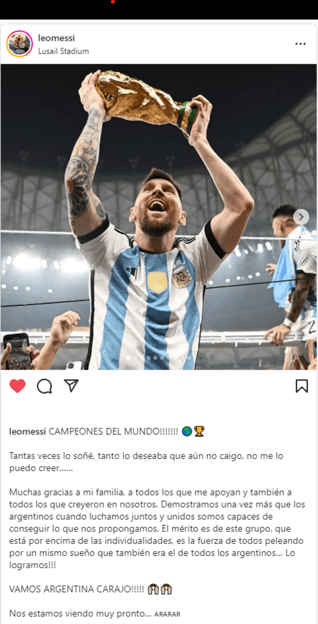 Publicación de Lionel Messi. Foto: captura de Instagram