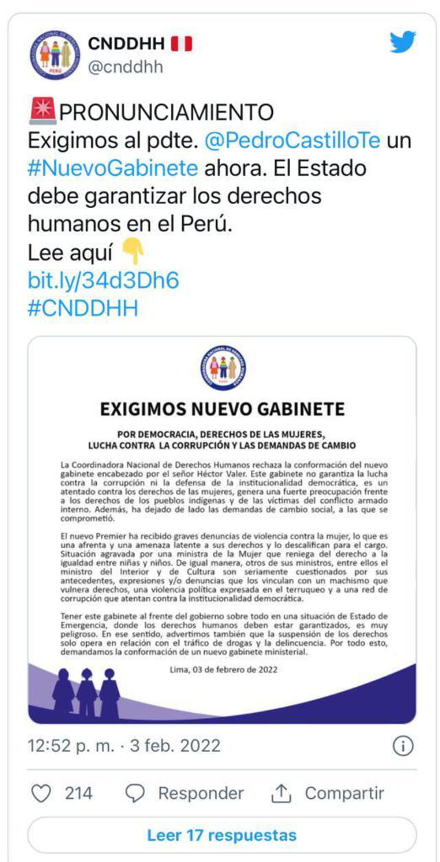 La CNDDHH rechaza a Héctor Valer como el nuevo Presidente del Consejo de Ministros. Foto: CNDDHH/Twitter
