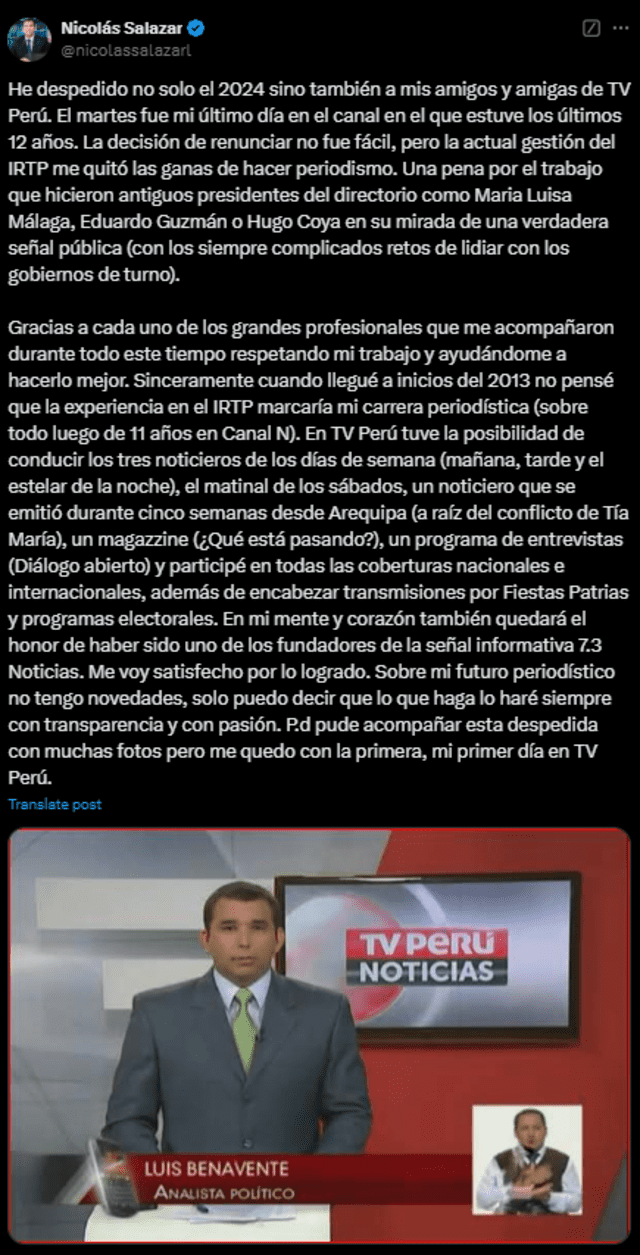  Comunicado de Nicolás Salazar confirmando su salida de TV Perú. Foto: X    