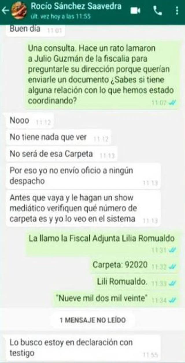 Conversación entre la fiscal Rocío Sánchez y el asesor del Partido Morado, Carlo Magno Salcedo. Captura: Panorama.