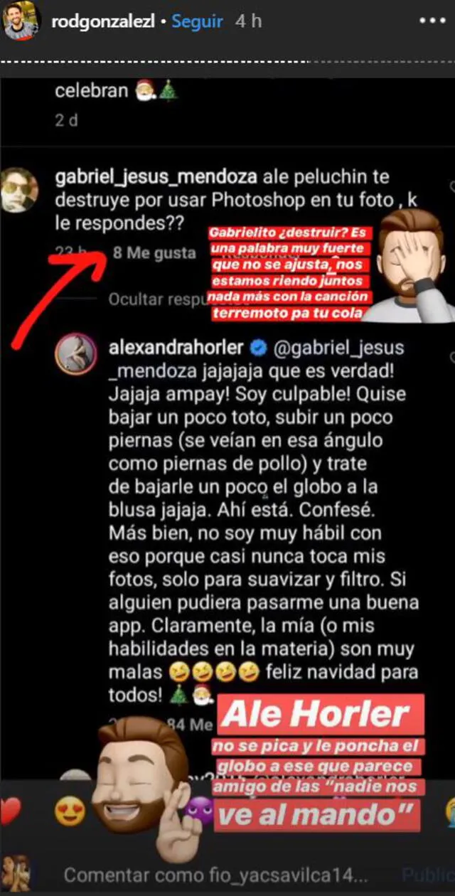 Rodrigo González comenta publicación de Alexandra Hörler en Instagram