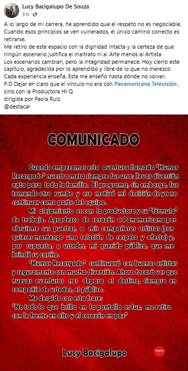 Comunicado de Lucy Bacigalupo. Foto: difusión Comunicado de Lucy Bacigalupo. Foto: difusión