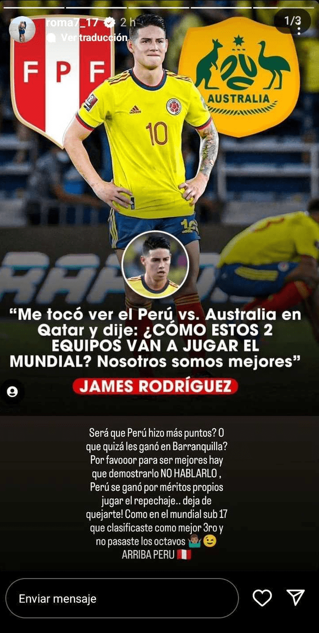 Reimond Manco contesta a James Rodríguez. Foto: captura de Instagram/Reimond Manco   