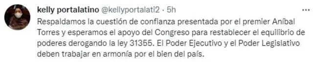 Kelly Portalatino se pronunció sobre la cuestión de confianza. Foto: Captura Twitter