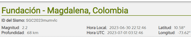 Último temblor hoy en Colombia.