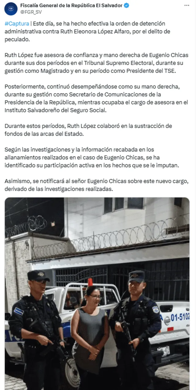 Por medio de su cuenta oficial, la Fiscalía de El Salvador informó de la detención. Foto: Captura X.   
