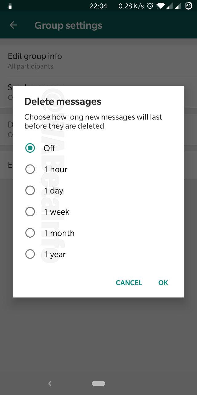 Los mensajes se podrán configurar para que se autodestruyan en un periodo de una 1 hora o hasta en 1 año. | Foto: WAbetaInfo