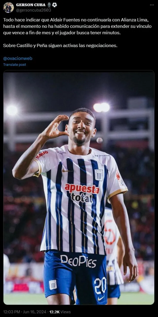  Aldair Fuentes dejaría Alianza Lima en busca de conseguir más minutos de juego. Foto: captura X    