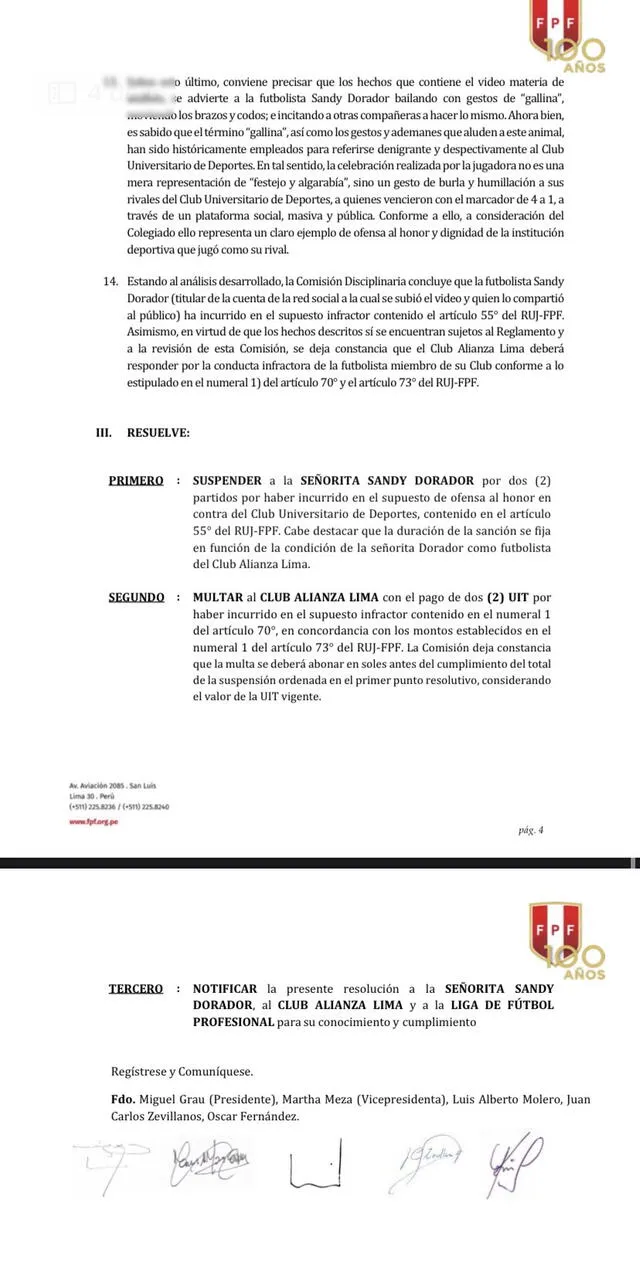  Resoluciones de la Comisión Disciplinaria ante Sandy Dorador. Foto: FPF.   