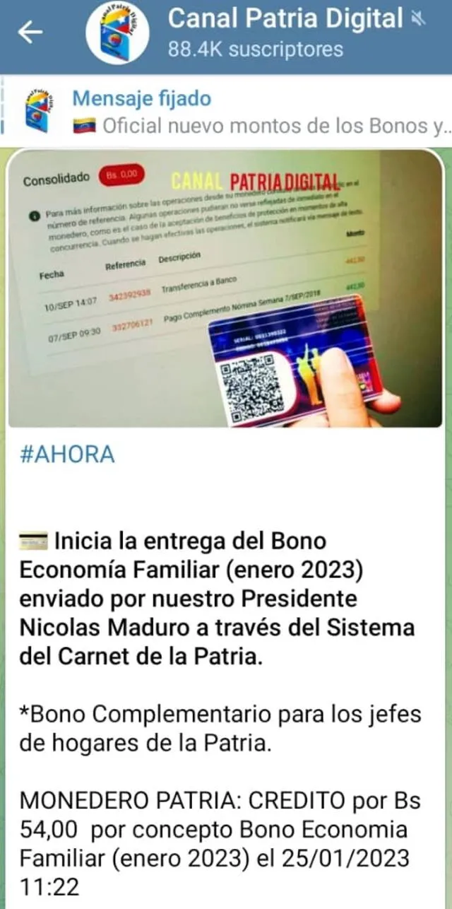 Canal Patria Digital informa de la entrega del Bono Economía Familiar del mes de enero 2023. Foto: Canal Patria Digital   