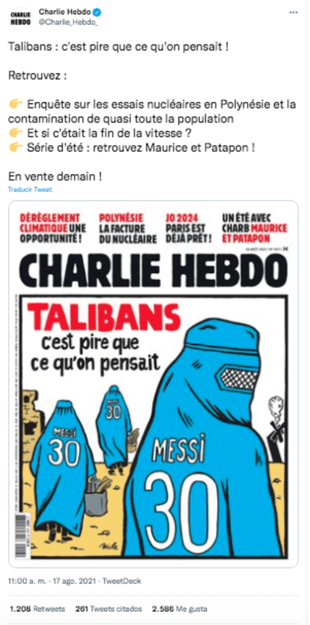La revista Charlie Hebdo publicó un número que hace referencia a los dueños del PSG y Lionel Messi. Foto: captura twitter Charlie Hebdo