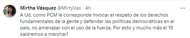  Mirtha Vásquez se pronuncia tras palabras de Alberto Otárola. Foto: Twitter   