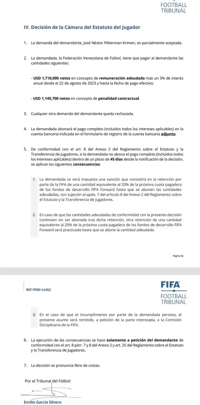 Fallo a favor de Pékerman. Foto: FIFA   