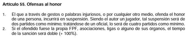 Artículo N.° 55 del Reglamento Único de Justicia de la FPF. Foto: captura/Reglamento Único de Justicia.   