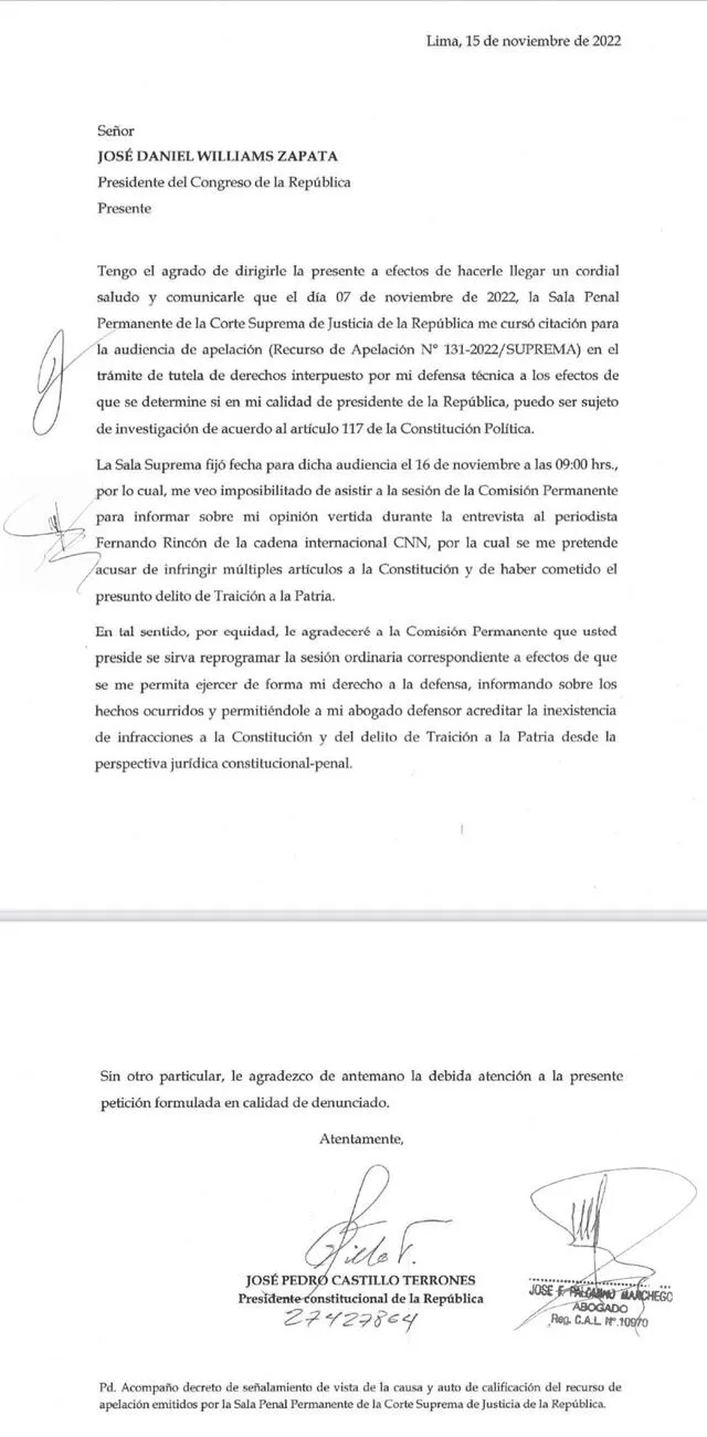 Solicitud del presidente Pedro Castillo enviado al jefe del Congreso. Foto: captura Congreso