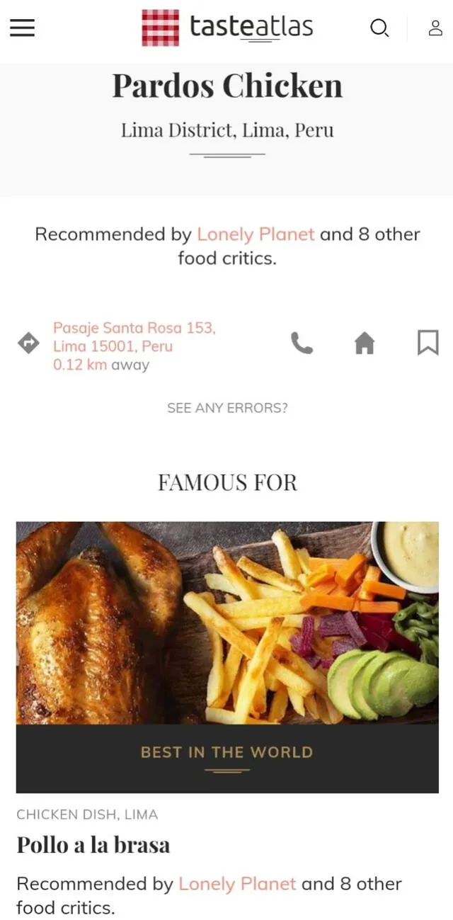  Así aparece Pardos Chicken en la web de Taste Atlas. Foto: Taste Atlas   