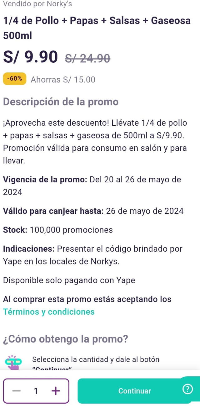  Así se ve la promo de pollo a la brasa a S/9,90 a través de Yape. Foto: Yape   