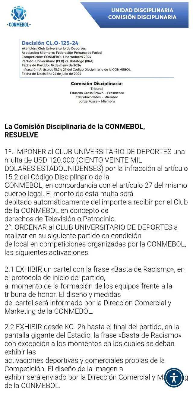  Conmebol multó con 120.000 dólares a Universitario por cánticos racistas de su hinchada en un partido por Copa Libertadores. Foto: Conmebol   