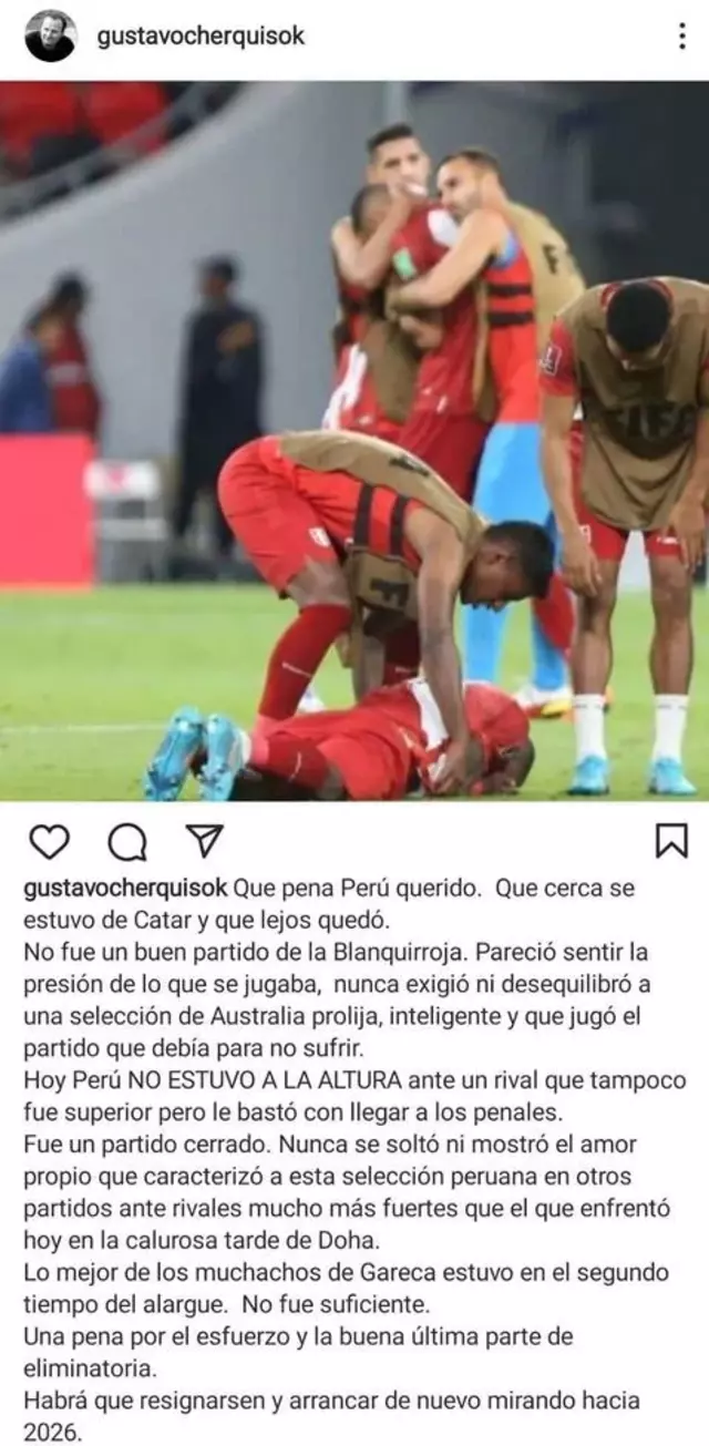 Publicación de Gustavo Cherquis, tras eliminación de Perú. Foto: captura Instagram
