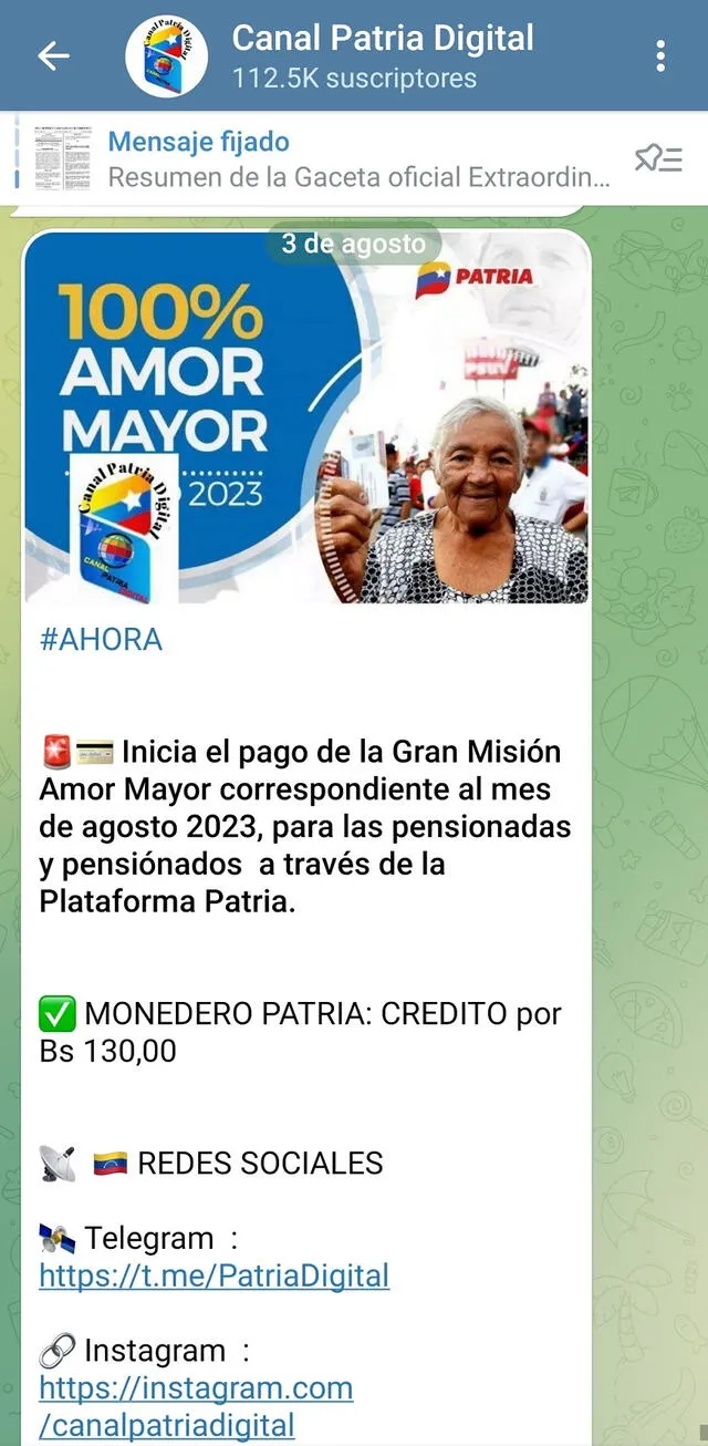 100% Amor Mayor se entregó junto con otros 6 subsidios del Gobierno. Foto: Canal Patria Digital   