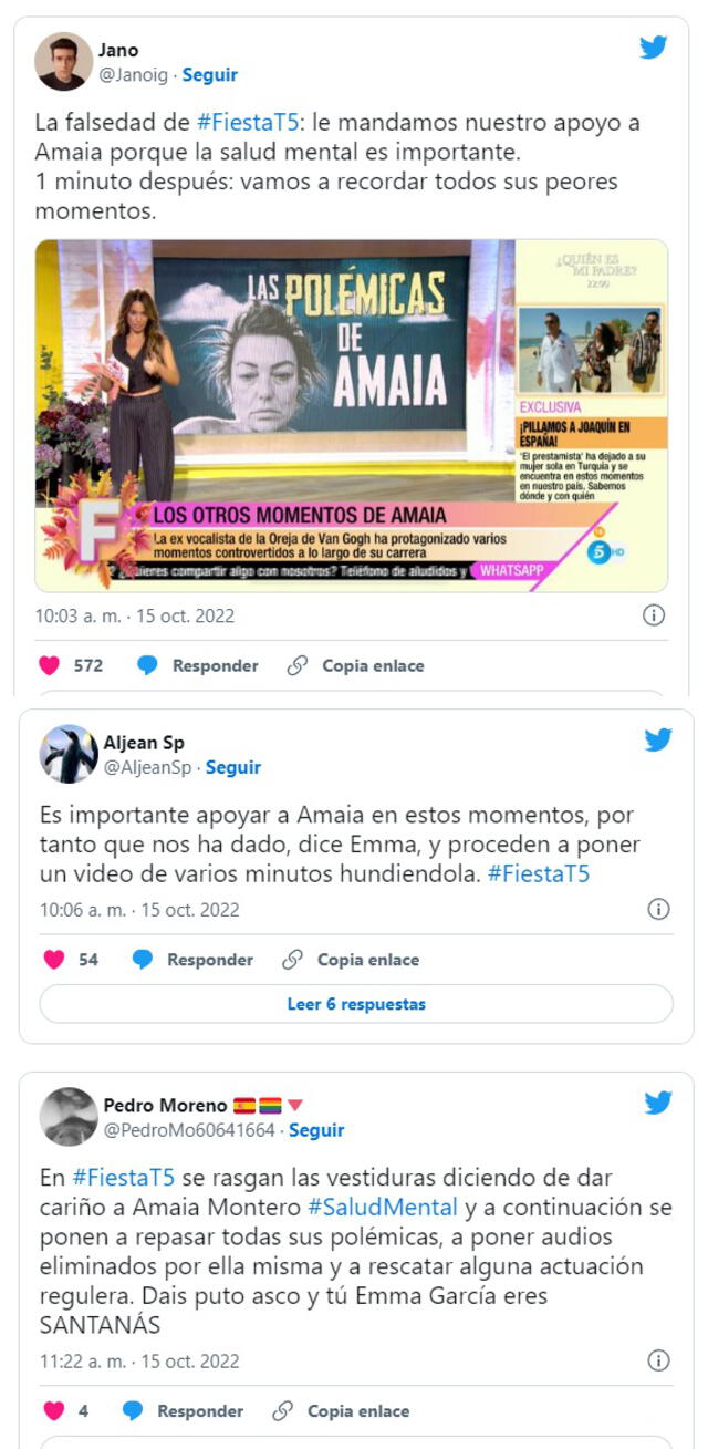 Reacciones al tratamiento del caso Amaia Montero en el programa "Fiesta". Foto: captura Twitter