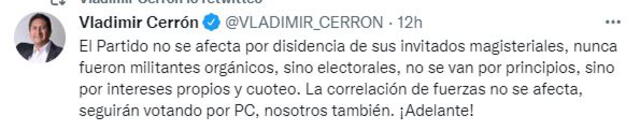 Vladimir Cerrón sobre renuncia de los congresistas en Perú Libre. Foto: Captura Twitter