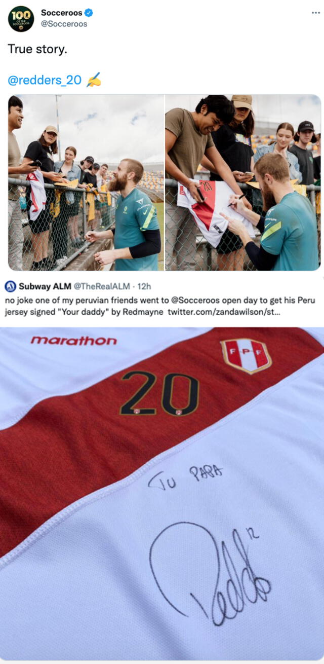 Redmayne firma la camiseta de Perú. Foto: captura de Twitter/Socceroos