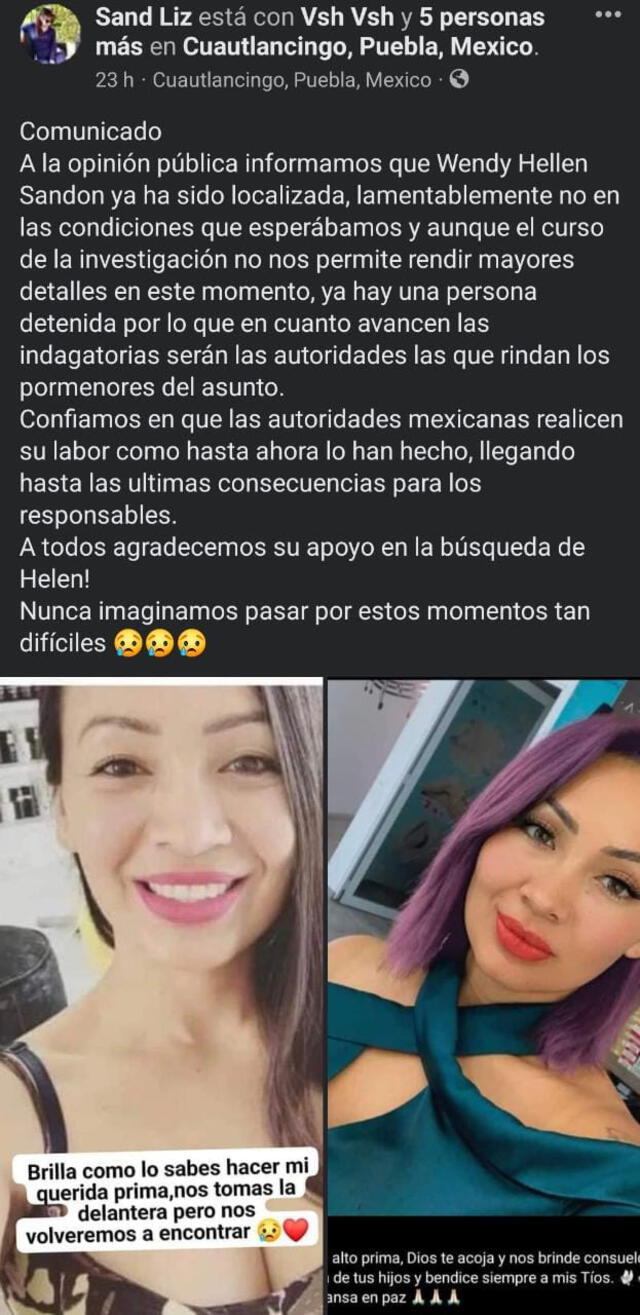 Familia de Wendy Sandon, estilista peruana desaparecida en Puebla, confirma muerte de mujer de 33 años. Foto: Facebook/Sand Liz