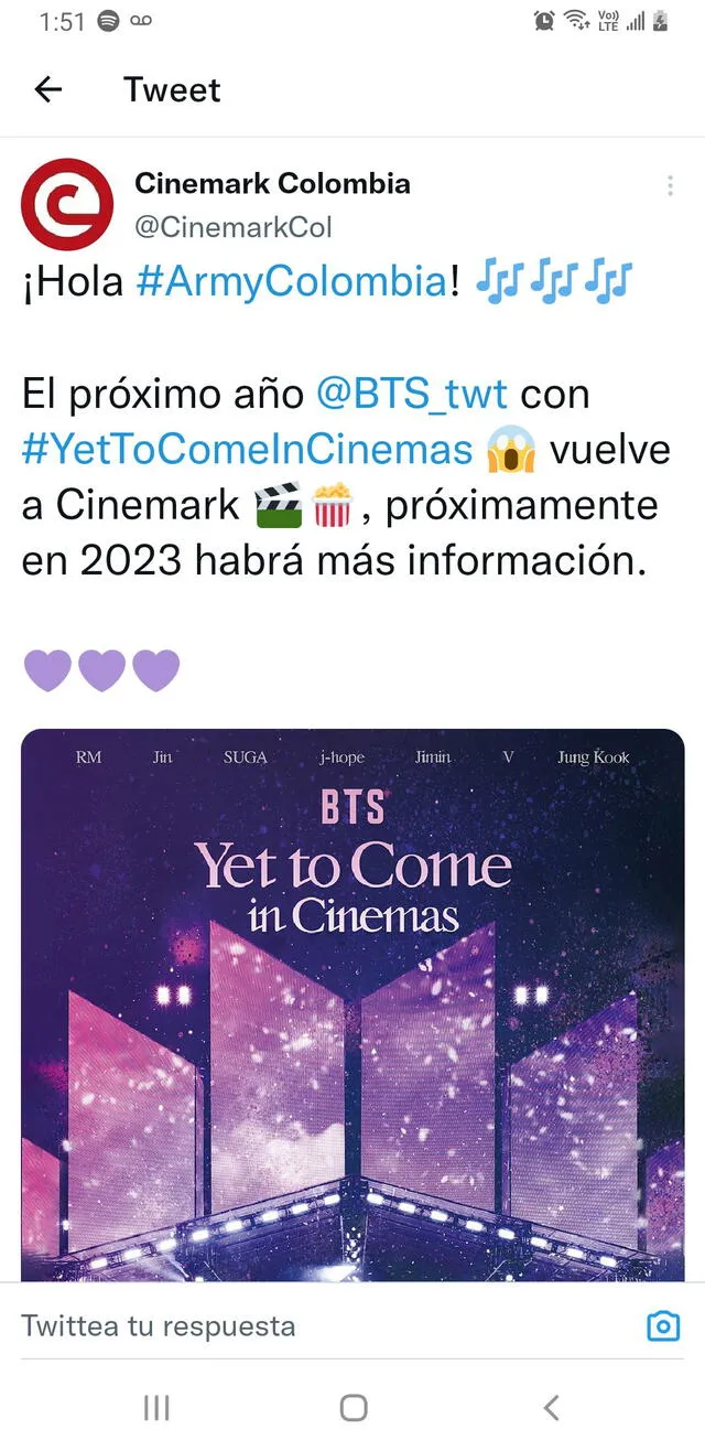 BTS en cines de Colombia. Foto: captura