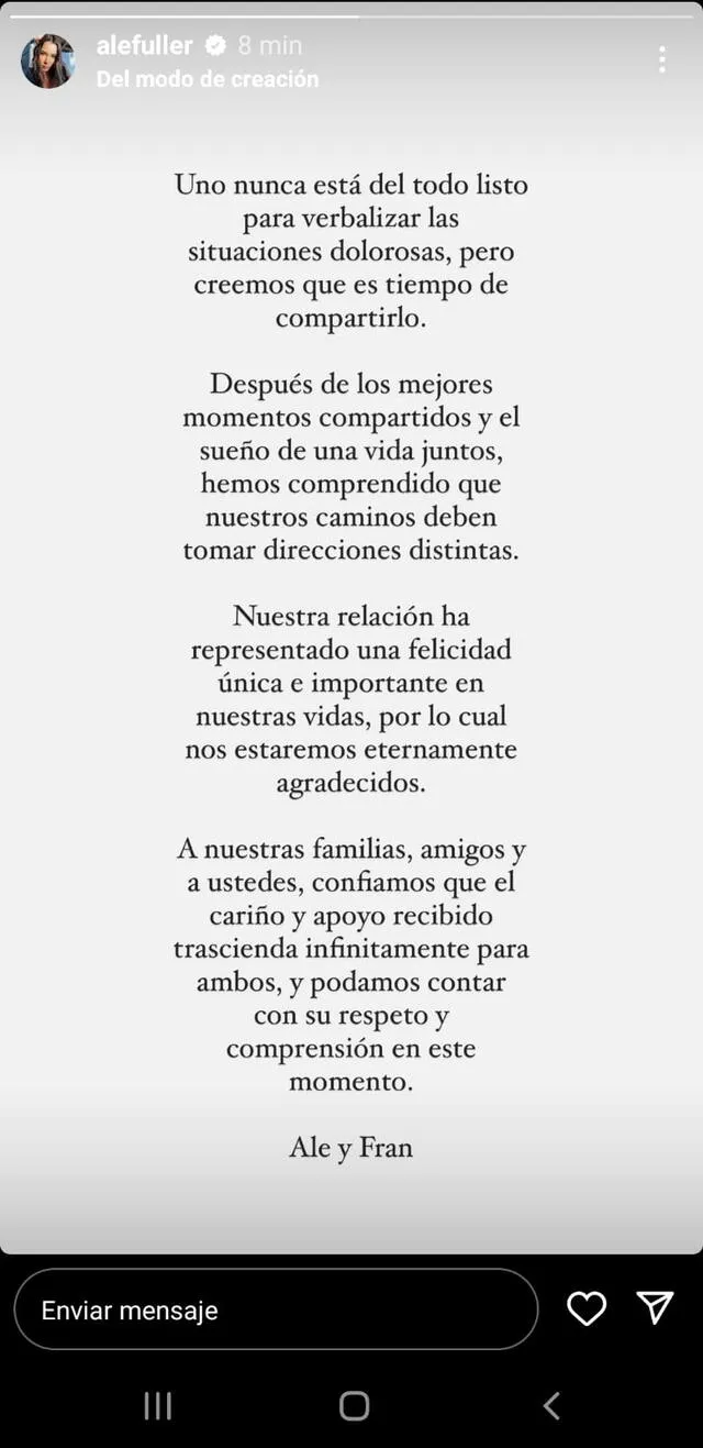 Ale y Francesco piden respeto y comprensión a sus seguidores. Foto: Instagram / Ale Fuller   