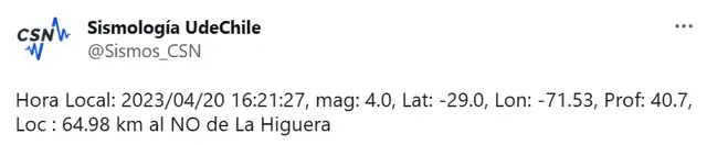  Último temblor de hoy, jueves 20 de abril, en Chile. Foto: Twitter/Sismos_CSN   