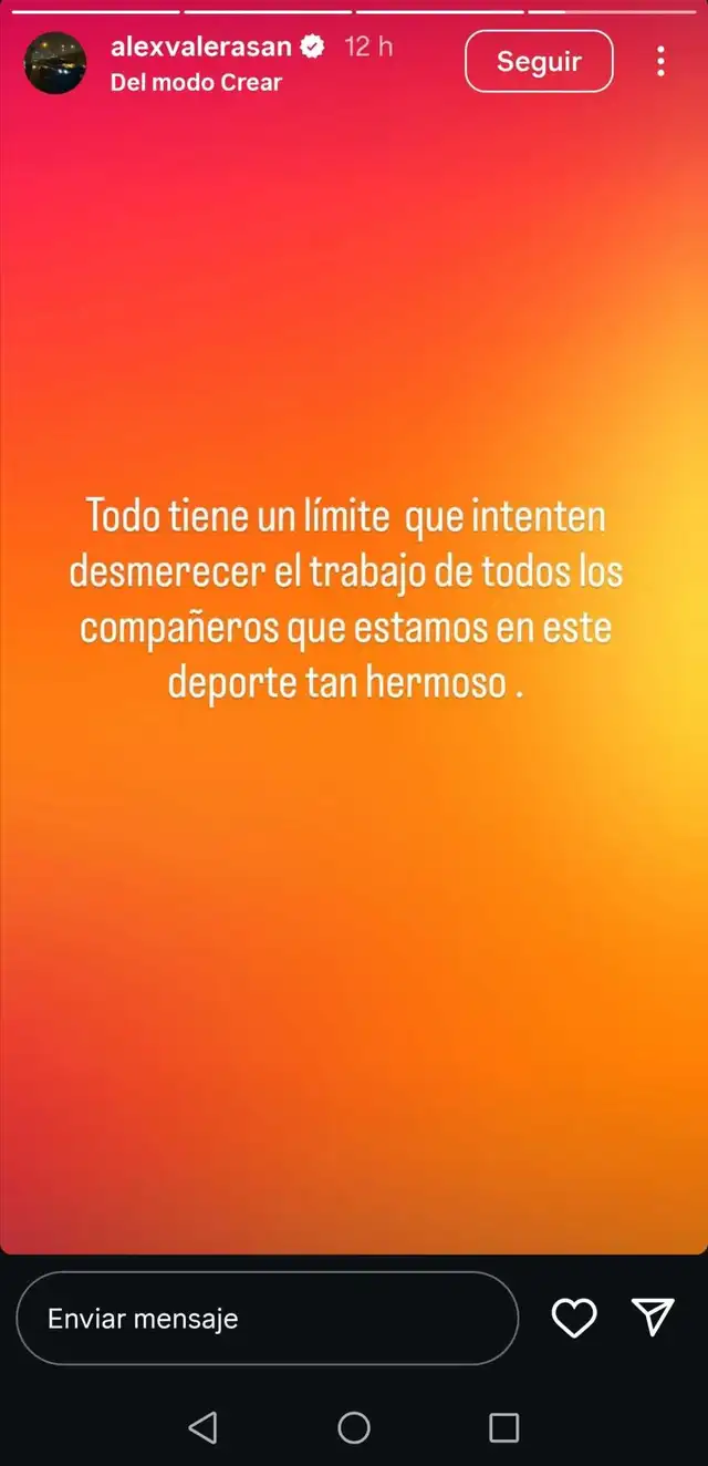 Storie de Álex Valera sobre declaraciones de Eddie Fleischman. Foto: captura de Instagram/alexvalerasan   