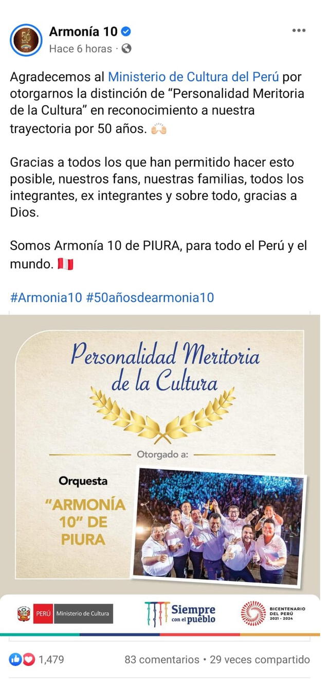 10.7.2022 | Publicación de Armonía 10 tras recibir distinción del Ministerio de Cultura. Foto: captura Armonía 10/Facebook