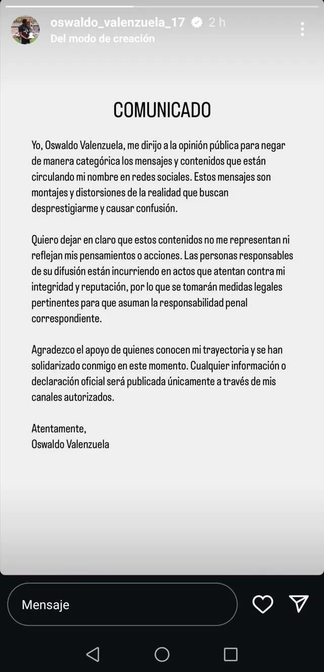 Comunicado de Oswaldo Valenzuela en Instagram. Foto: captura de oswaldo_valenzuela_17   