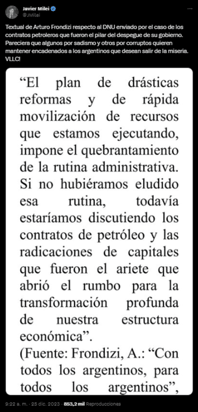  Milei critica duramente a la oposición del DNU. Foto: @JMilei/Twitter   