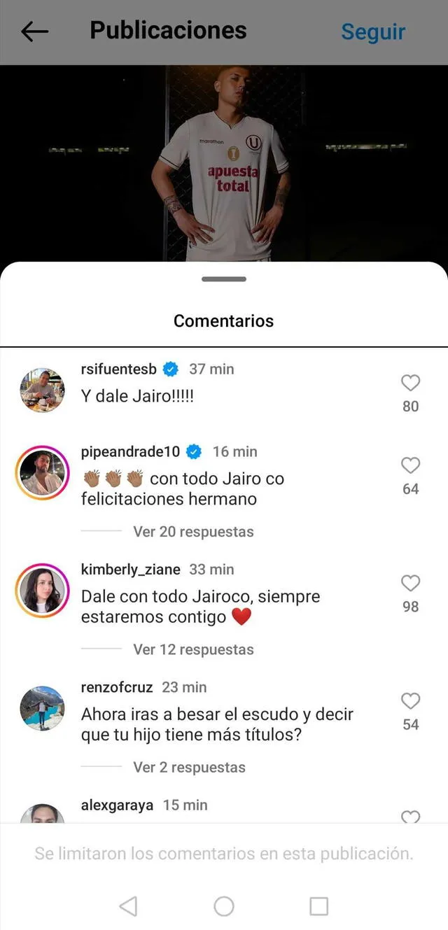 Comentario de Andrés Andrade en la publicación de Jairo Concha. Foto: captura de Instagram/Jairo Concha   