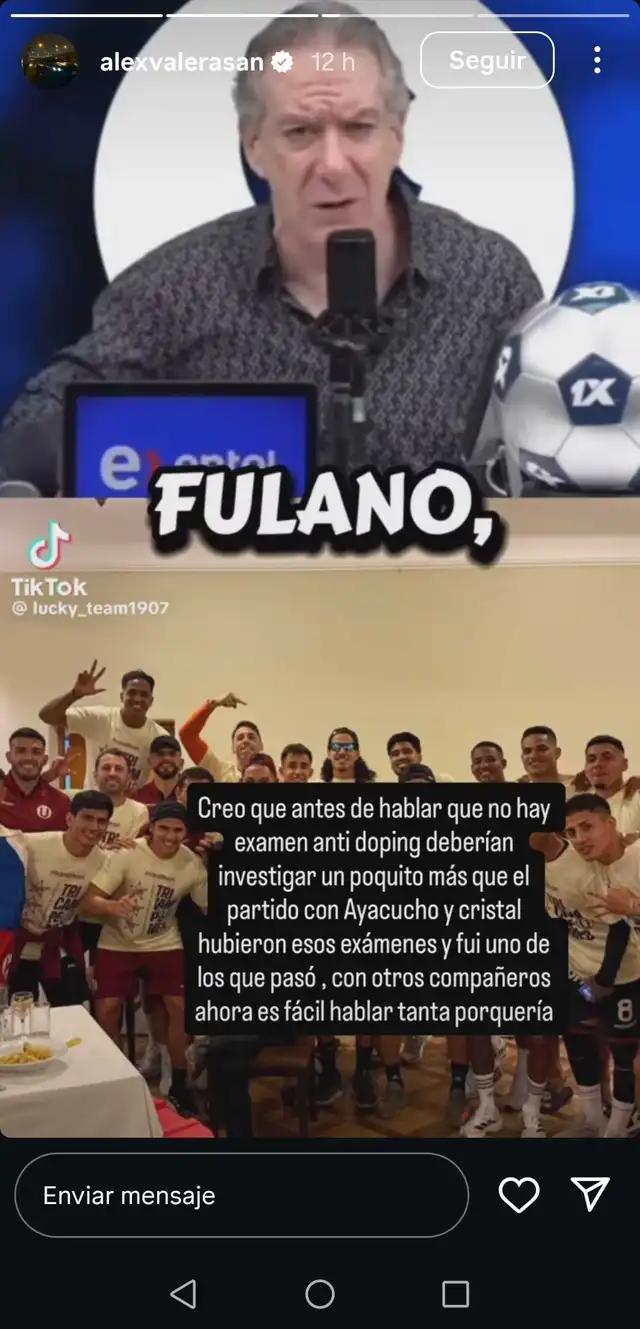 Storie de Álex Valera sobre declaraciones de Eddie Fleischman. Foto: captura de Instagram/alexvalerasan   