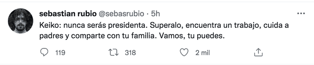 El actor Sebastian Rubio dejó contundente mensaje en su Twitter dirigido a la lideresa de Fuerza Popular. Foto: Sebastian Rubio/Twitter.
