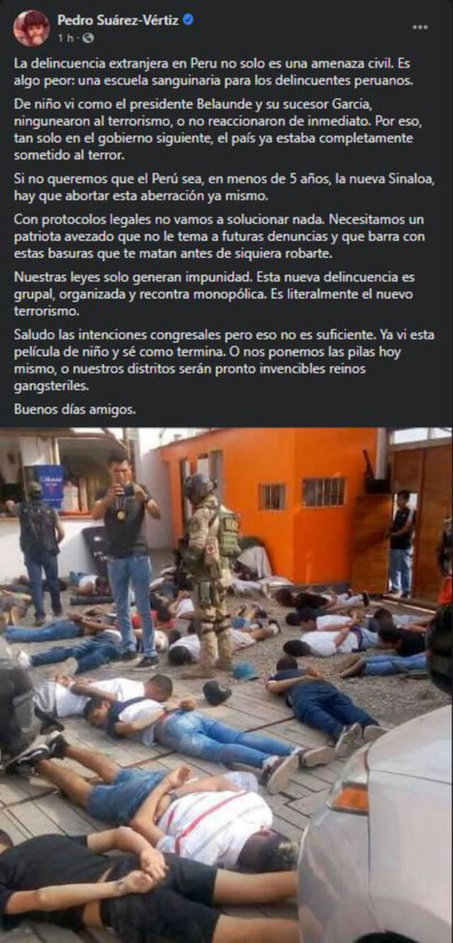 La declaración de Pedro Suárez Vértiz sobre el crimen extranjero generó polémica en redes sociales.