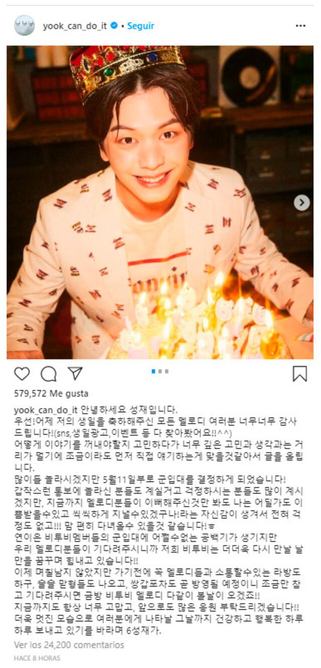 Carta de despedida de Sungjae (BTOB) para su fandom Melody. Instagram, 3 de mayo, 2020.