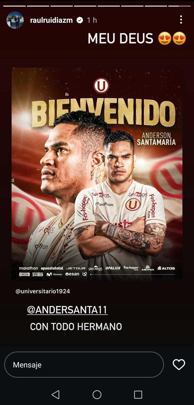 Storie de Raúl Ruidíaz sobre la llegada de Anderson Santamaría a Universitario. Foto: captura de Instagram/raulruidazm Storie de Raúl Ruidíaz sobre la llegada de Anderson Santamaría a Universitario. Foto: captura de Instagram/raulruidazm