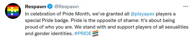 Anuncio sobre la nueva insignia Pride. Foto: Twitter/@Respawn