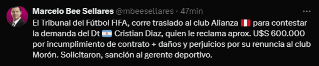  Tuit del abogado Marcelo Bee Sellares sobre la cifra de la demanda de Cristian Díaz contra Alianza Lima. Foto: captura de X/Marcelo Bee Sellares   