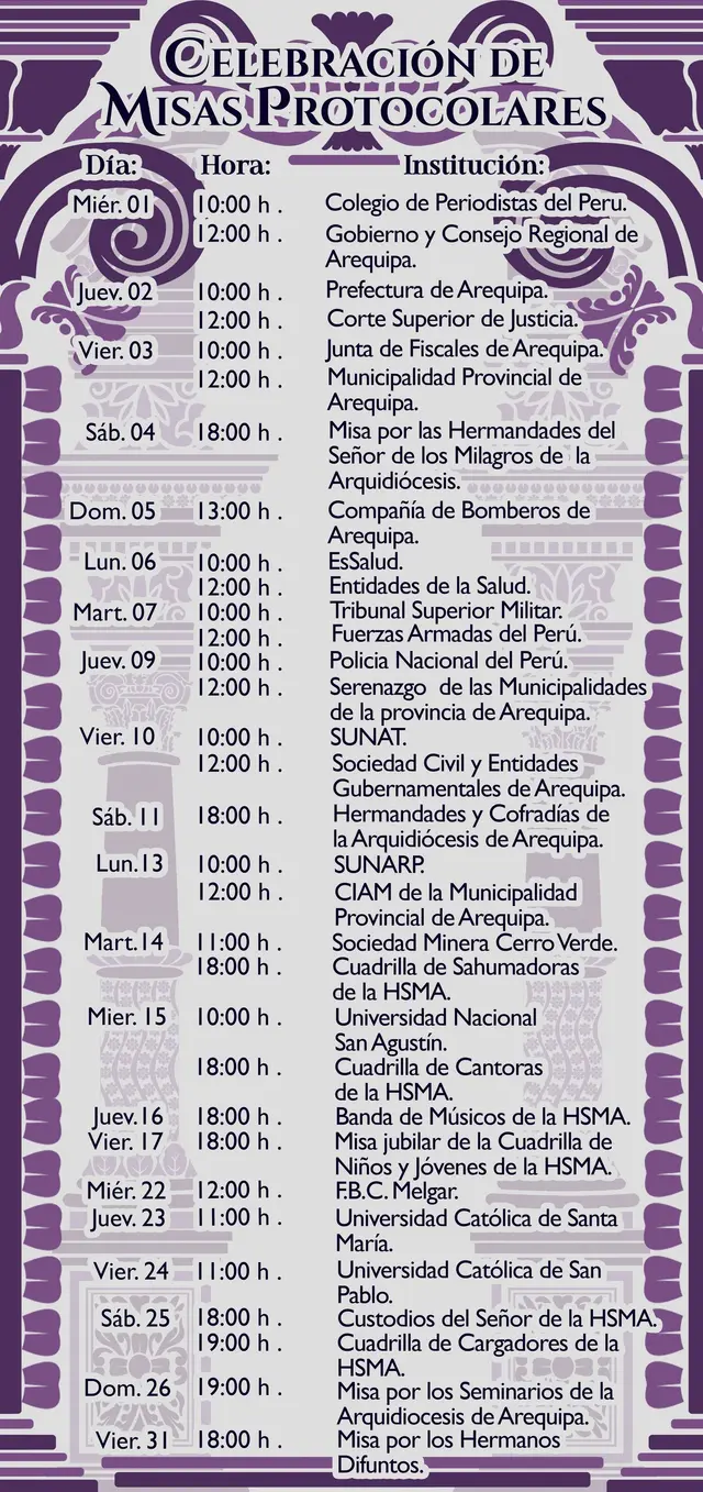  Misas protocolares por el Señor de los Milagros. Foto: HSM Arequipa   