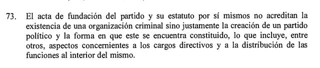 Fundamente 73 de la resolución del Tribunal Constitucional que revocó la prisión preventiva contra Keiko Fujimori.