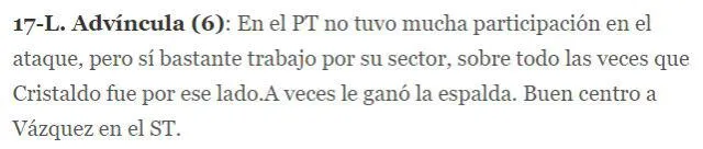 Calificación de Olé a Luis Advíncula. Foto: Captura Olé